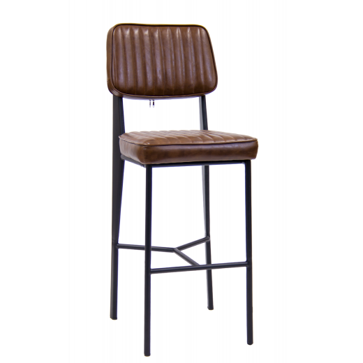 Black Metal Armless Indoor Bar Stool w/Brown Vinyl Seat and Back