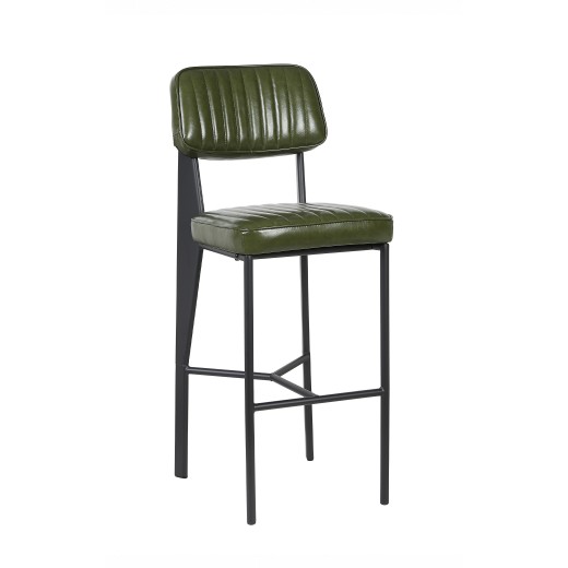 Modern Metal Barstool with Green Padded Seat & Back, Frame in Black Finish 