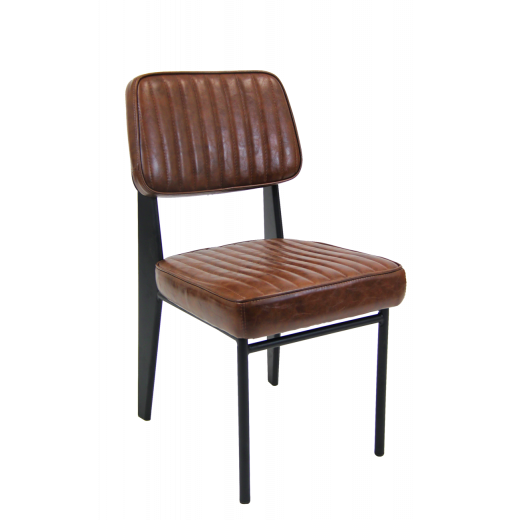 Black Metal Armless Indoor Chair w/Brown Vinyl Seat and Back