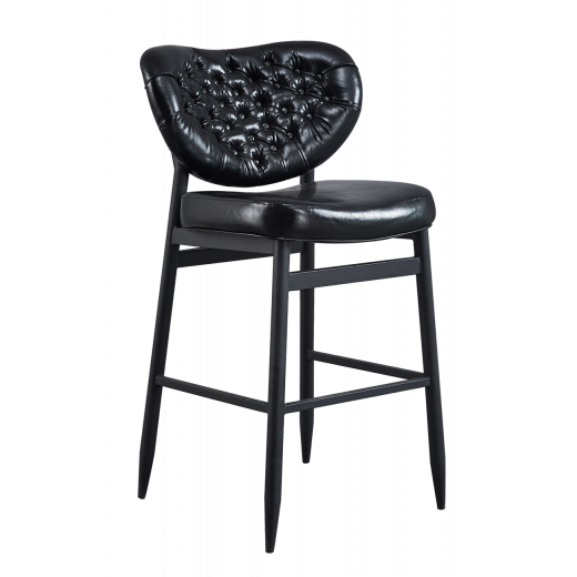 Metal Indoor Barstool w/Black Vinyl Seat & Button Tufted Back