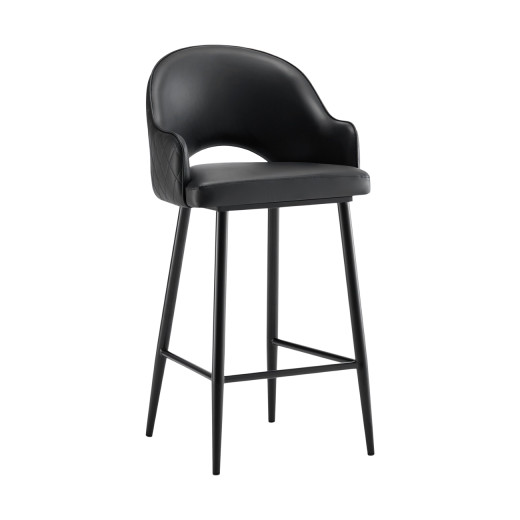 Modern Black Upholstered Dining Barstool with Diamond-Stitched Backrest and Black Steel Legs