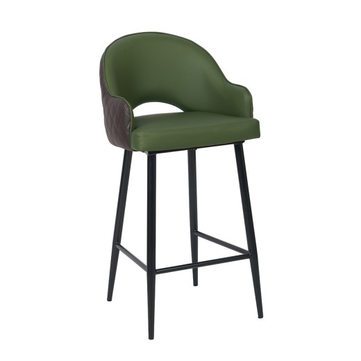 Modern Green Upholstered Barstool with Diamond-Stitched Backrest and Black Steel Legs