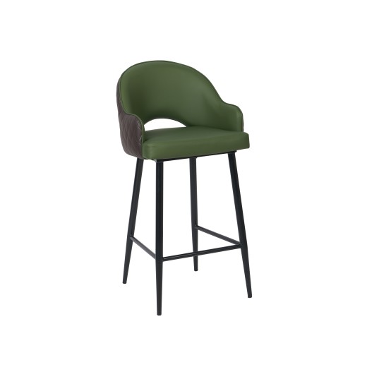 Modern Green Upholstered Barstool with Diamond-Stitched Backrest and Black Steel Legs