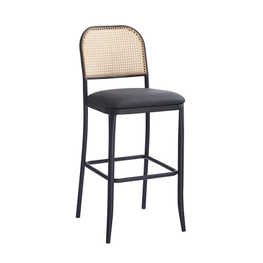 Indoor Barstool w/ Poly Woven Back, Black Vinyl Seat & Black Metal Frame
