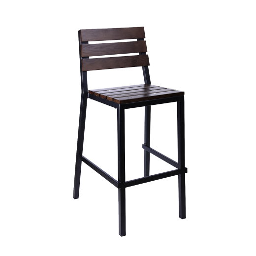 Indoor Metal Frame Barstool w/ Slatted Ashwood Seat & Back in Walnut Color