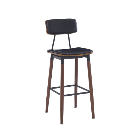 Brown Finish Wood Grain Barstool w/ Steel Frame & Black Vinyl Seat & Back