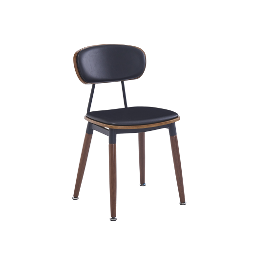 Brown Finish Wood Grain Chair w/ Steel Frame & Black Vinyl Seat & Back