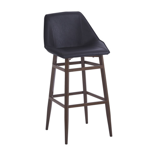 Indoor Dark Walnut Modern Metal Barstool with Black Vinyl Seat