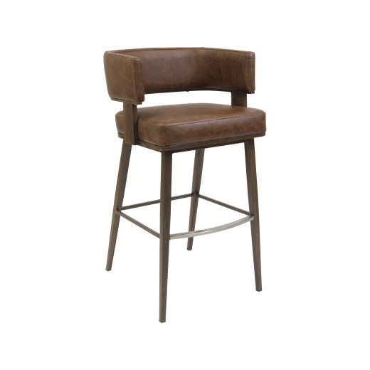 Wood Grain Open-Back Metal Framed Barstool with Brown Vinyl Seat and Back.