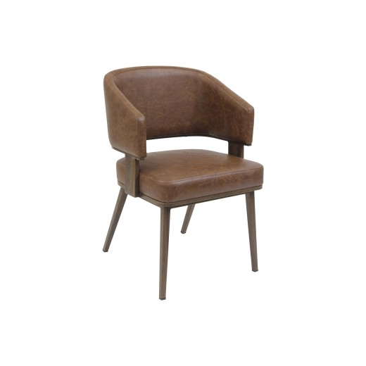 Wood Grain Open-Back Metal Framed Chair with Brown Vinyl Seat and Back.