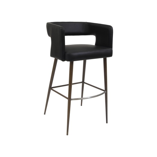 Open-Back Wood Grain  Metal Framed Barstool with Black Vinyl Seat and Back.