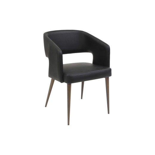 Open-Back Wood Grain Metal Framed Chair with Black Vinyl Seat and Back.