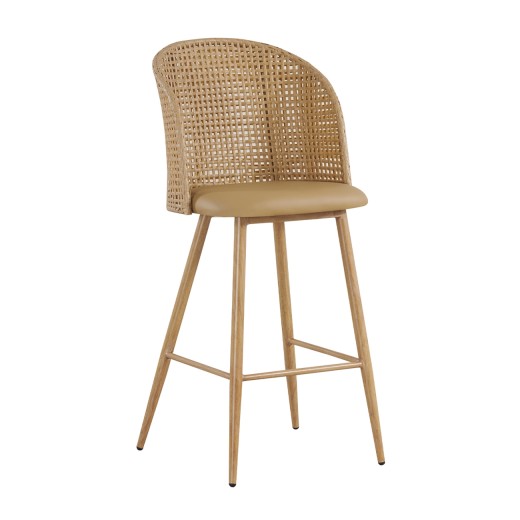 Contemporary Indoor Metal Barstool with Curved Woven  Plastic Rattan Backrest and Tan Cushion