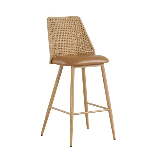 Contemporary Indoor Barstool with Angled Rattan-Style Back and Tan Upholstered Cushion