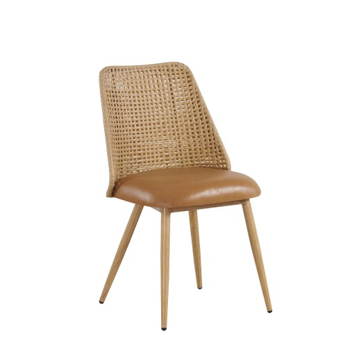 Contemporary Indoor Dining Chair with Plastic Angled Rattan-Style Back and Tan Upholstered Cushion