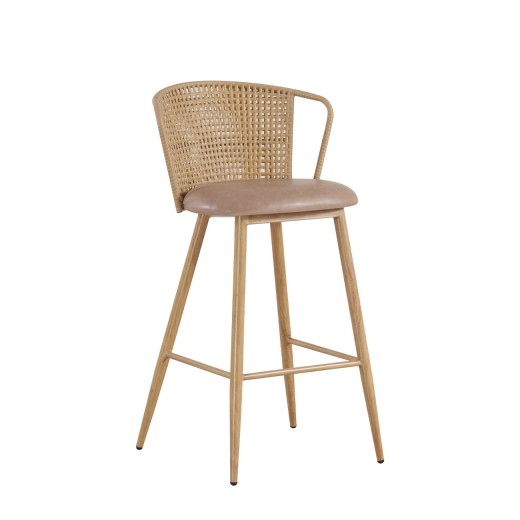 Contemporary Indoor Barstool with Open-Side Plastic Rattan Back and Tan Padded Cushion