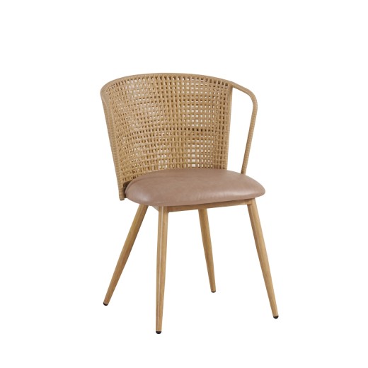 Contemporary Indoor Chair with Open-Side Plastic Rattan Back and Tan Padded Cushion