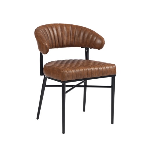 Camel Brown Vinyl Padded Chair with Black Metal Frame and Ribbed Upholstery for Indoor Use