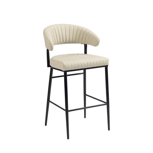 Cream Modern Metal Barstool with Channel Seat and Curved Back Design