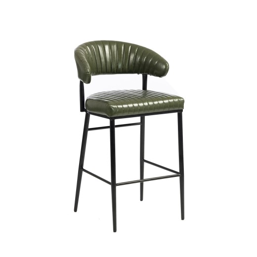 Green Modern  Metal Barstool with Channel Seat and Curved Back Design