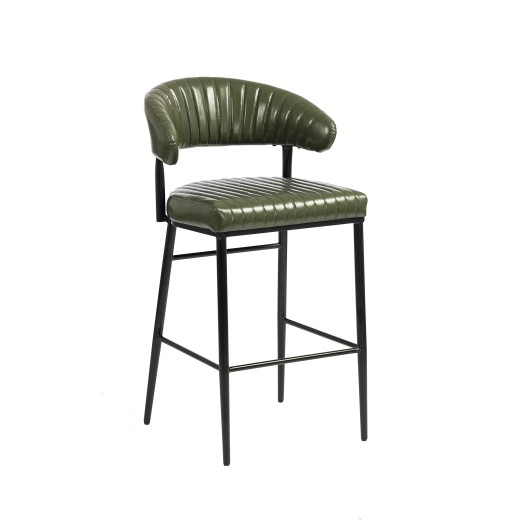 Green Modern  Metal Barstool with Channel Seat and Curved Back Design