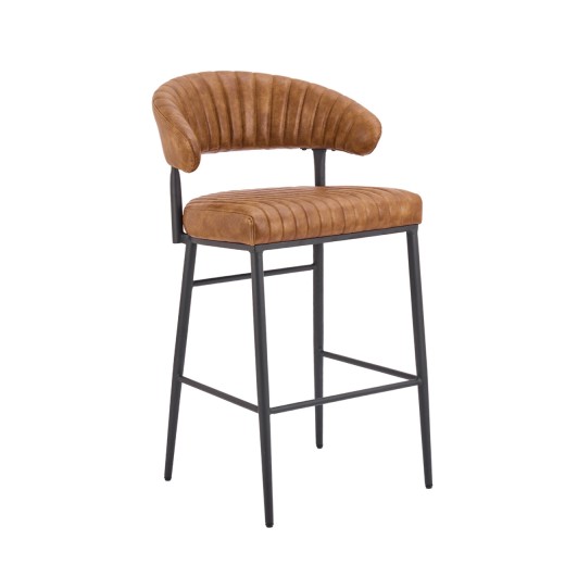 Camel Brown Vinyl Padded Barstool with Black Metal Frame and Ribbed Upholstery for Indoor Use
