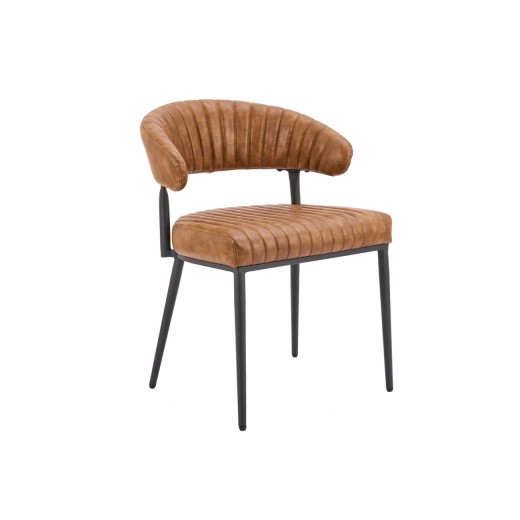 Camel Brown Vinyl Padded Chair with Black Metal Frame and Ribbed Upholstery for Indoor Use