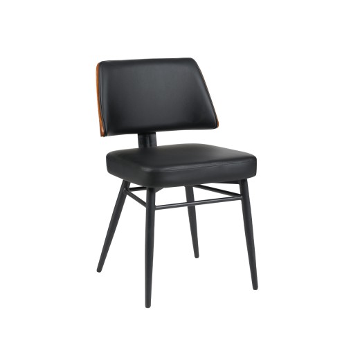 Indoor Black Vinyl Padded Metal Chair with Walnut Veneer Outer Back and Metal Frame, Mid-Century Modern Inspired
