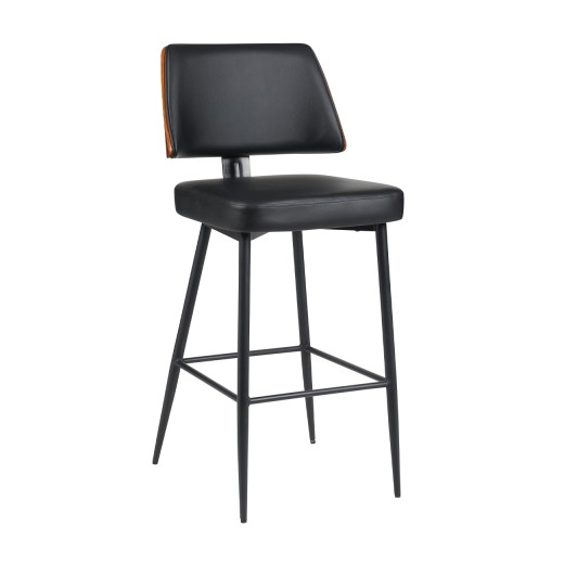 Indoor Black Vinyl Padded Metal Barstool with Walnut Veneer Outer Back and Metal Frame, Mid-Century Modern Inspired