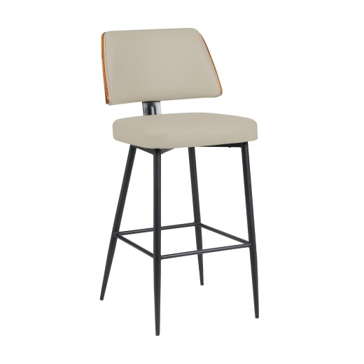 Indoor Cream Vinyl Padded Metal Barstool with Walnut Veneer Outer Back and Black Metal Frame, Mid-Century Modern Inspired
