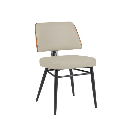 Indoor Cream Vinyl Padded Metal Chair with Walnut Veneer Outer Back and Black Metal Frame, Mid-Century Modern Inspired