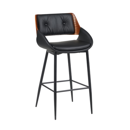 Indoor Black Metal Armed Barstool with Tufted Back, Veneer Outer Back, Mid-Centry Modern Inspired