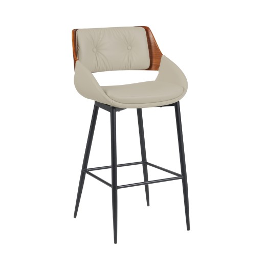 Indoor Cream Vinyl Metal Barstool with Button-Tufted Back and Walnut Veneer Outer Back, Mid-Century Inspired