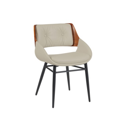 Indoor Cream Vinyl Metal Armchair with Button-Tufted Back, Walnut Veneer Outer Back, Mid-Century Inspired