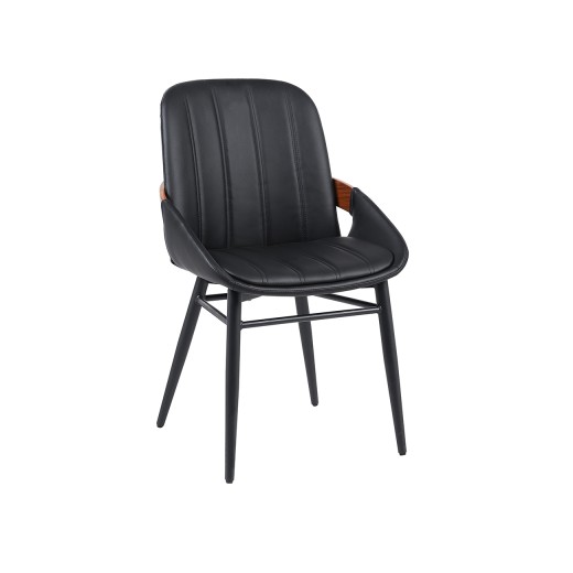 Indoor Black Vinyl Metal Armchair with Vertical Channel-Stitched Back, Walnut Veneer Accent, Contemporary Style