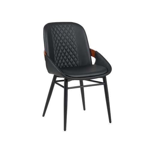 Indoor Black Vinyl Metal Armchair with Diamond-Stitched Back, Walnut Veneer Accent, Contemporary Style