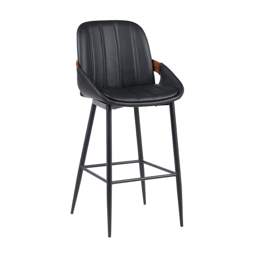 Indoor Black Vinyl Metal Armed Barstool with Vertical Channel-Stitched Back, Walnut Veneer Accent, Contemporary Style