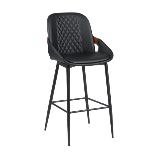 Indoor Black Vinyl Metal Armed Barstool with Diamond-Stitched Back, Walnut Veneer Accent, Contemporary Style