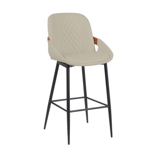 Indoor Cream Vinyl Metal Armed Barstool with Diamond-Stitched Back, Walnut Veneer Accent, Contemporary Style
