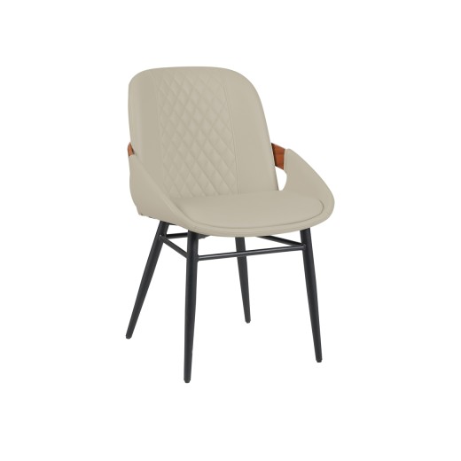 Indoor Cream Vinyl Metal Armchair with Diamond-Stitched Back, Walnut Veneer Accent, Contemporary Style