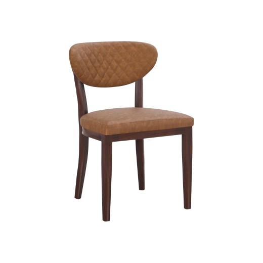 Indoor Upholstered Chair with Diamond-Stitched Back, Camel Brown Vinyl Seat, and Dark Walnut Finish