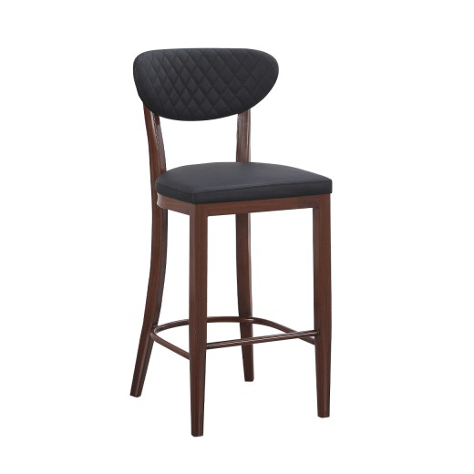 Indoor Upholstered Barstool with Diamond-Stitched Back, Black Vinyl Seat, and Dark Walnut Finish