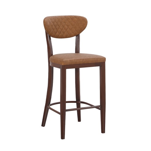 Indoor Upholstered Barstool with Diamond-Stitched Back, Camel Brown Vinyl Seat, and Dark Walnut Finish