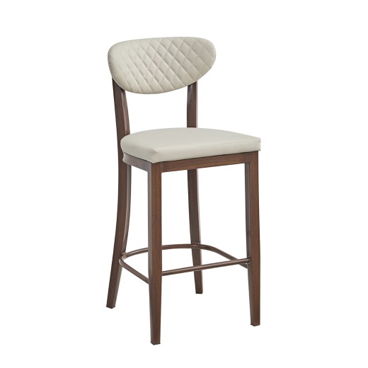 Indoor Upholstered Barstool with Diamond-Stitched Back, Cream Vinyl Seat, and Dark Walnut Finish