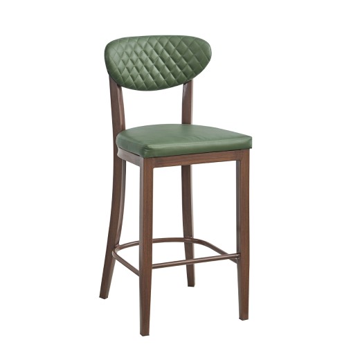 Indoor Upholstered Barstool with Diamond-Stitched Back, Green Vinyl Seat, and Dark Walnut Finish