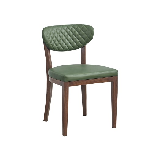 Indoor Upholstered Chair with Diamond-Stitched Back, Green Vinyl Seat, and Dark Walnut Finish