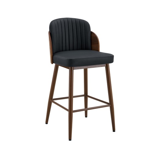 Mid-Century Style Indoor Barstool with Black Vinyl Seat, Walnut Veneer Outer Back, and Woodgrain Metal Frame