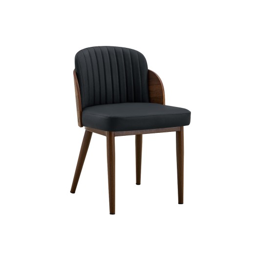 Mid-Century Style Indoor Chair with Black Vinyl Seat, Walnut Veneer Outer Back, and Woodgrain Metal Frame