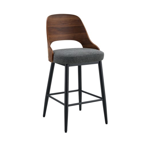 Mid-Century Style Metal Barstool with  Gray Fabric Seat and Walnut Veneer Back, Indoor Use