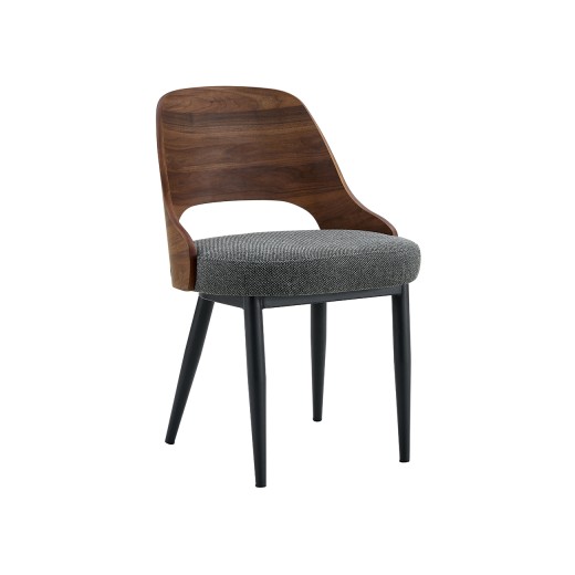 Mid-Century Style Metal Chair with  Gray Fabric Seat and Walnut Veneer Back, Indoor Use